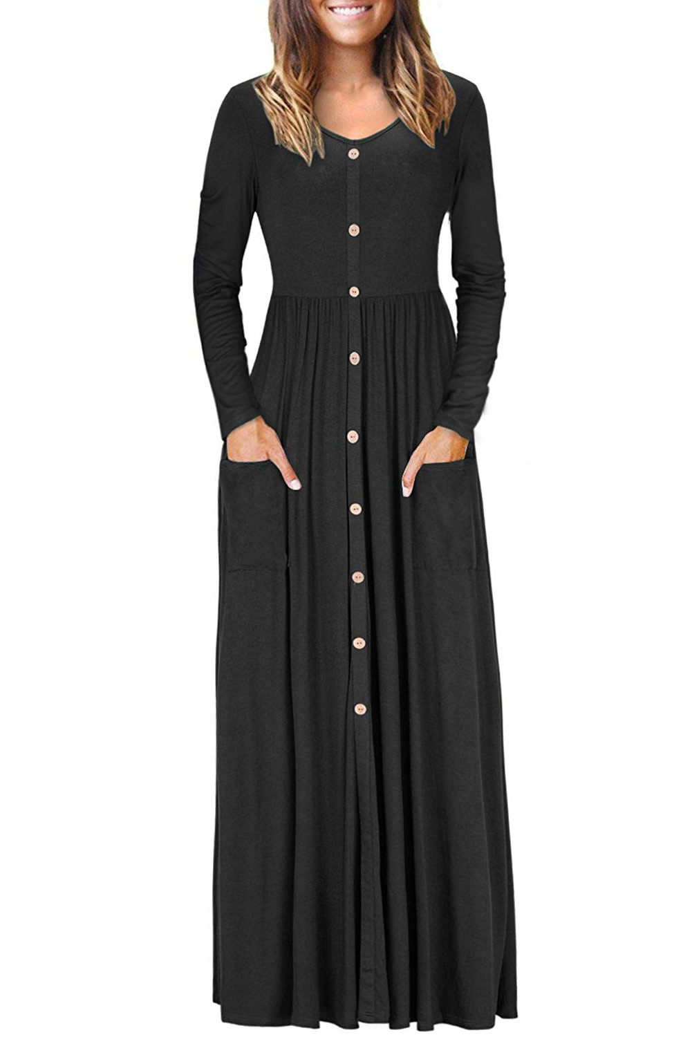 BY610503-2 Hunter  Button Front Pocket Style Casual Long Dress